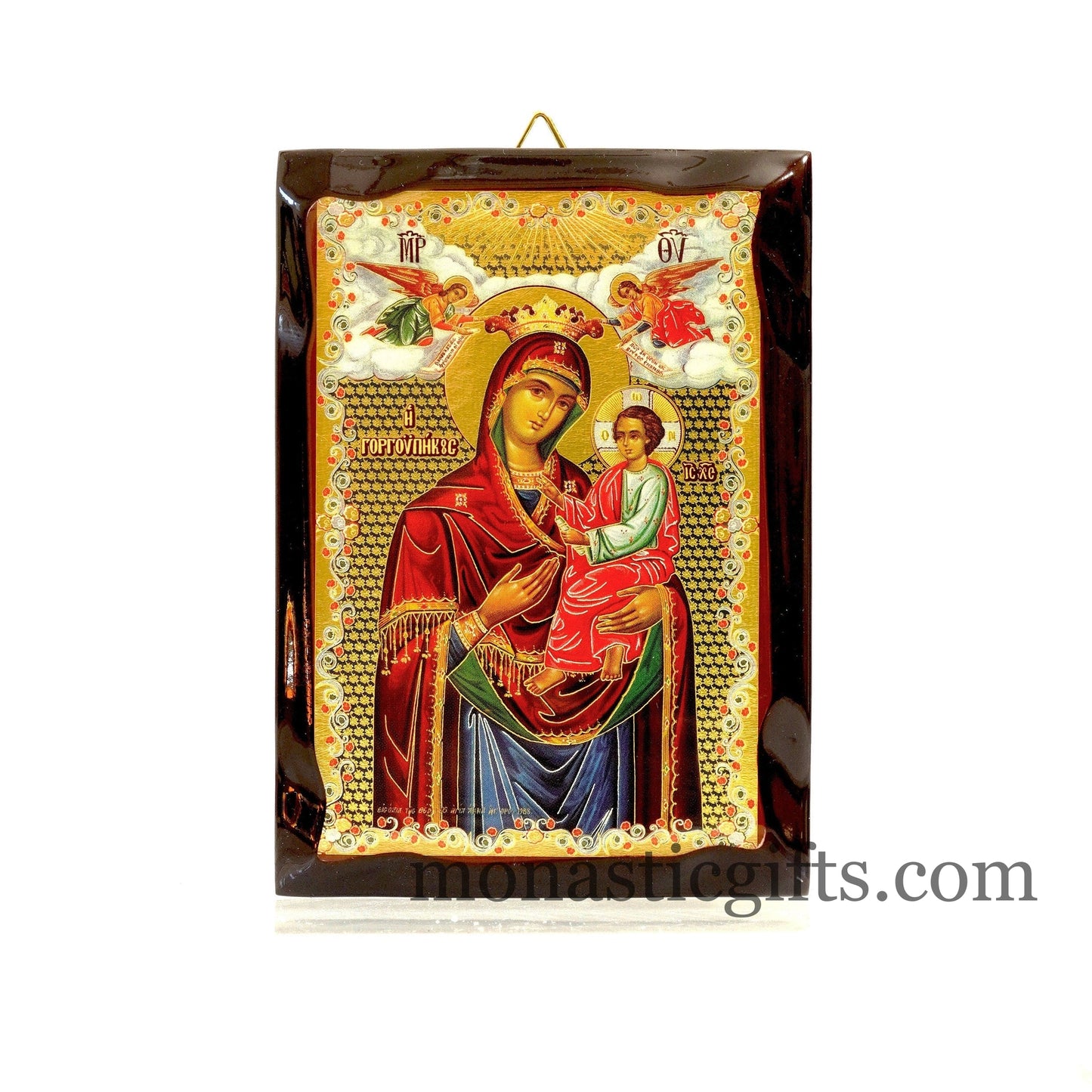 Virgin Mary Gorgoipikoos,Flat Icon with gilded silver,plated ornament with special varnish for long lasting shine.