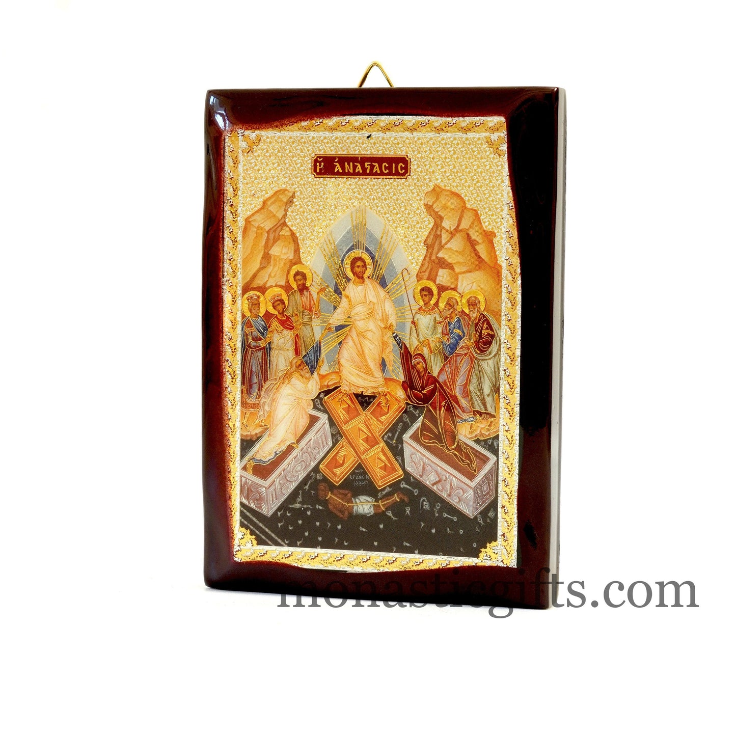 Icon with Resurrection of Jesus Christ ,Flat Icon with gilded silver,plated ornament with special varnish for long lasting shine.