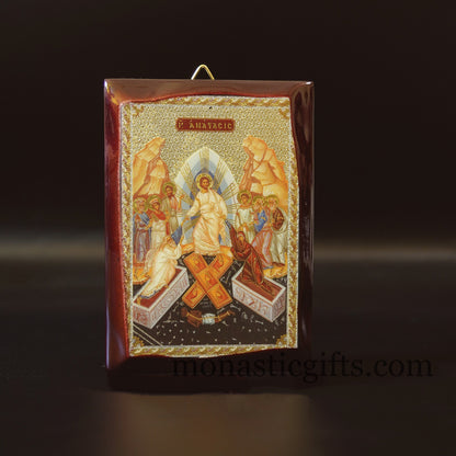 Icon with Resurrection of Jesus Christ ,Flat Icon with gilded silver,plated ornament with special varnish for long lasting shine.