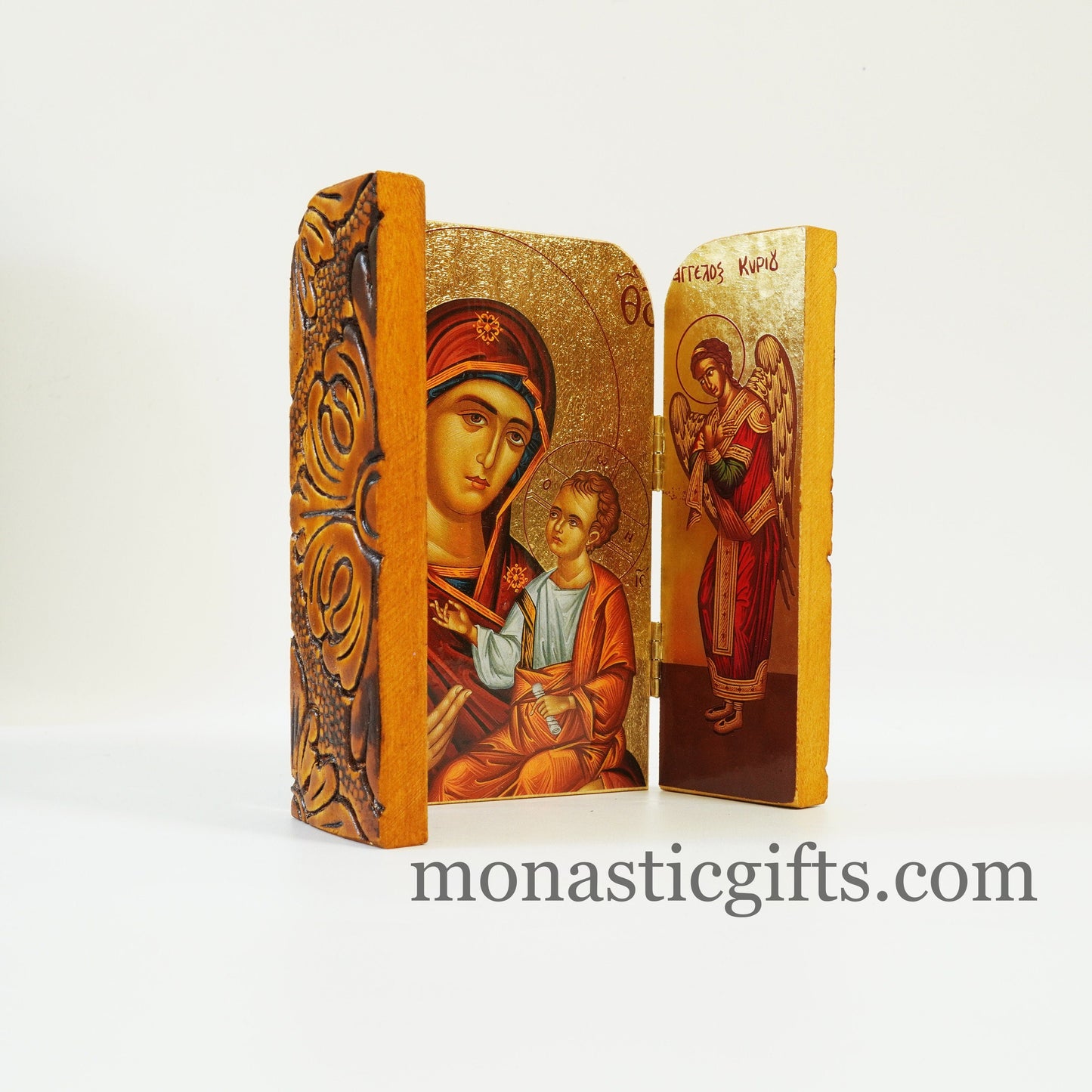 Triptych wooden Icon with Virgin Mary and Angels  , Greek Orthodox Icon , Orthodox Gift