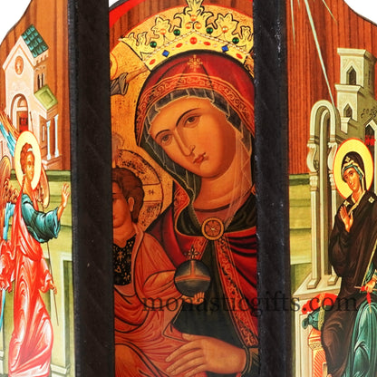 Triptych wooden Icon of Holy Theotokos with Jesus and  many themes of Byzantine icons , Greek Orthodox Icon