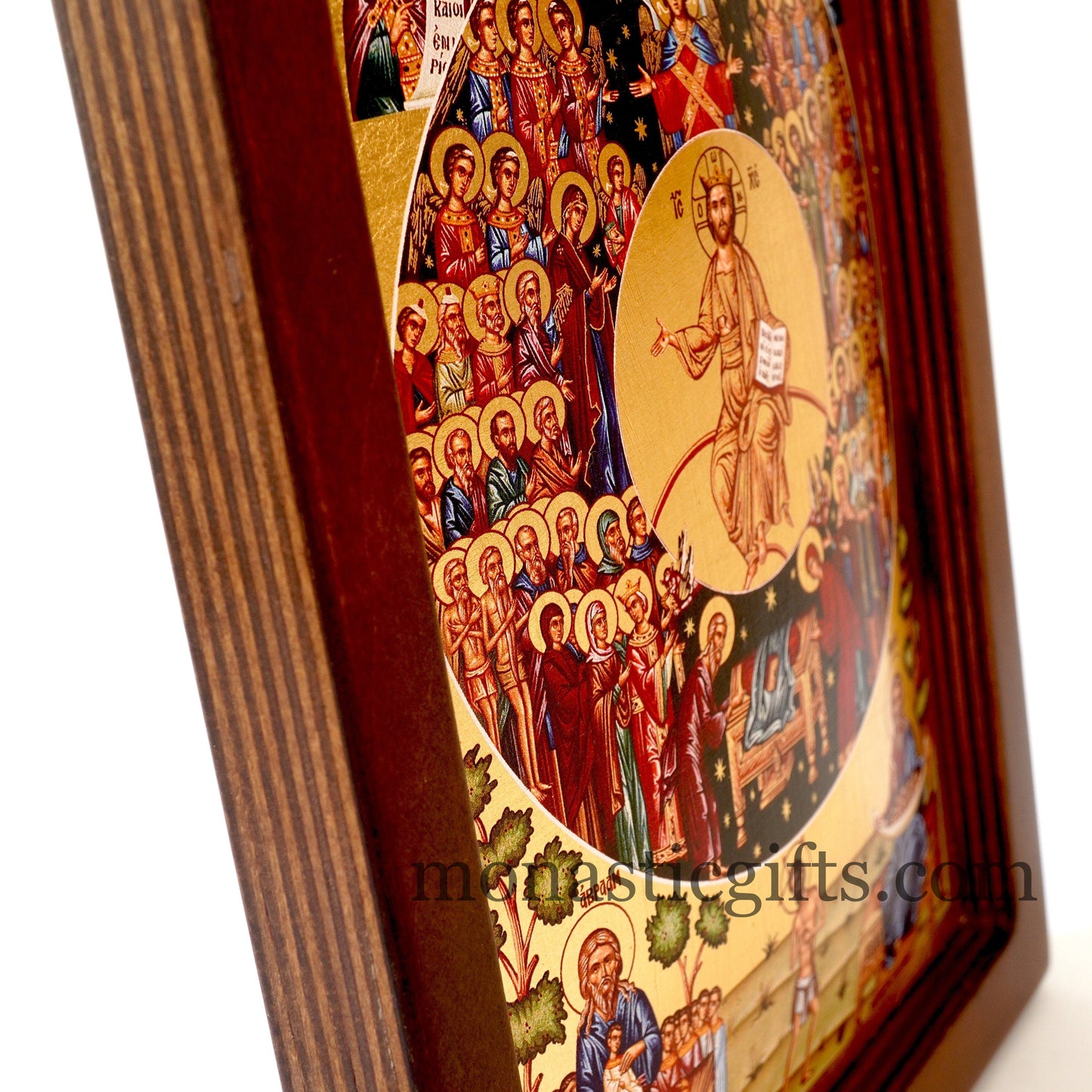 All Saints Day - Feast of All Saints, Silk Screen Serigraph Icon Based on Byzantine Art wall hanging icon on carved wood  with stand