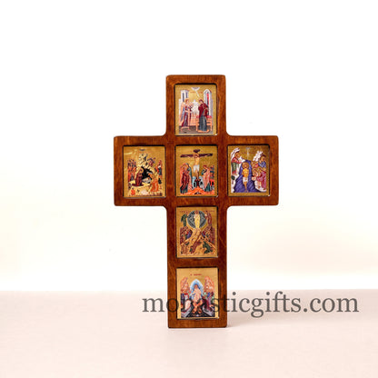 The Life of Jesus cross decorated with high quality iconographic silkscreens with hagiographic gold depicting, on Cross carved wood