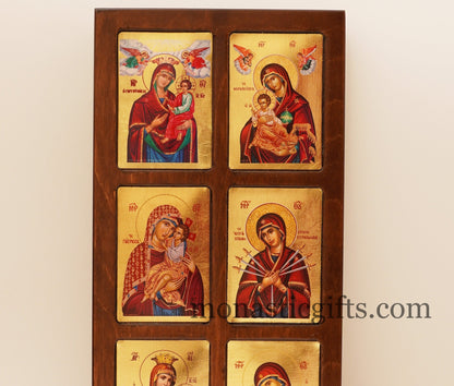 Virgin Mary, Theotokos in Wooden multi-thematic 6 seat icon decorated with high-quality iconographic silk screens with hagiographic gold.