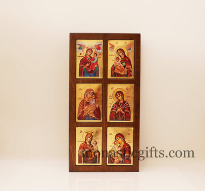 Virgin Mary, Theotokos in Wooden multi-thematic 6 seat icon decorated with high-quality iconographic silk screens with hagiographic gold.