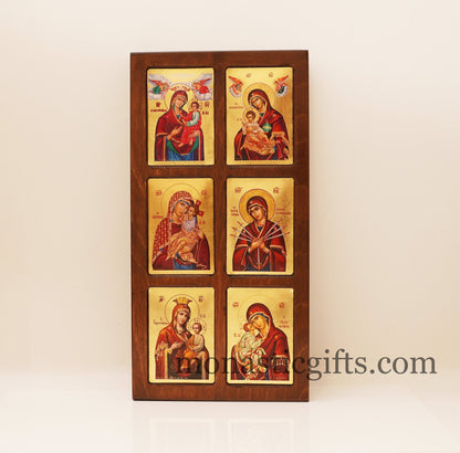 Virgin Mary, Theotokos in Wooden multi-thematic 6 seat icon decorated with high-quality iconographic silk screens with hagiographic gold.