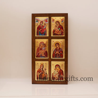 Virgin Mary, Theotokos in Wooden multi-thematic 6 seat icon decorated with high-quality iconographic silk screens with hagiographic gold.