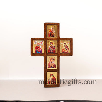 Virgin Mary,  in Cross Wooden multi-thematic 6 seat icon decorated with high-quality iconographic silk screens with hagiographic gold.