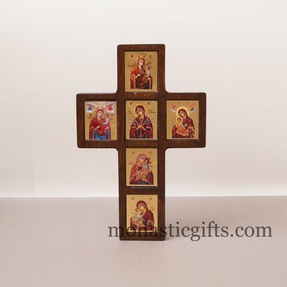 Virgin Mary,  in Cross Wooden multi-thematic 6 seat icon decorated with high-quality iconographic silk screens with hagiographic gold.