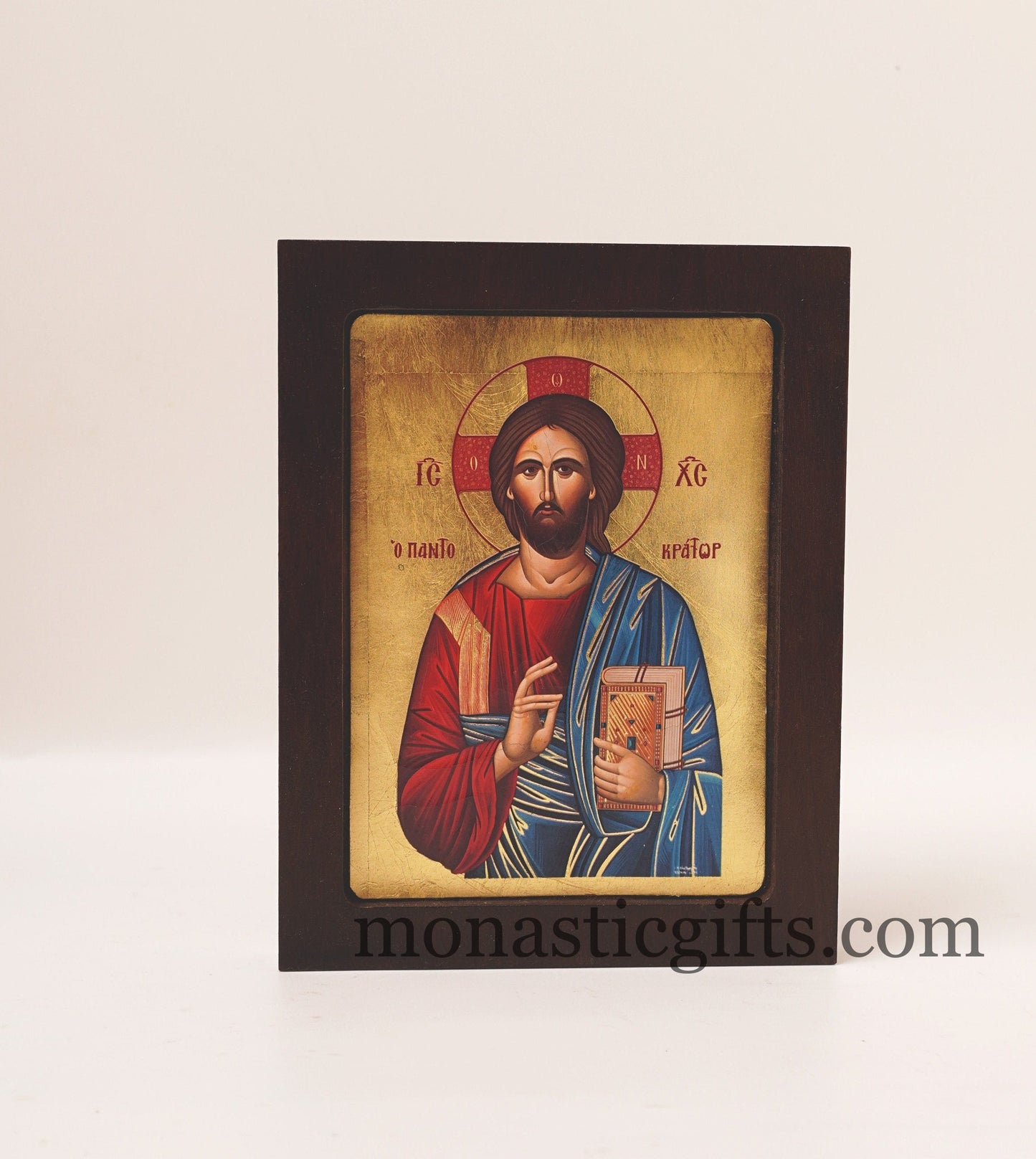 Jesus Christ Pantocrator, Silk-screen printed Serigraph Icon Based on Byzantine Art wall hanging icon on carved wood  with stand