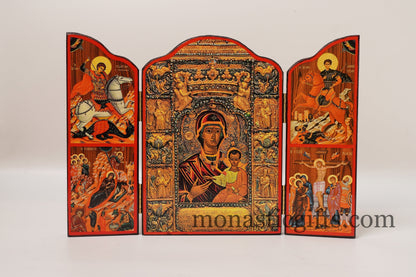 Triptych wooden Icon of Holy Theotokos (Soumela ) and with many themes of Byzantine icons , Greek Orthodox Icon