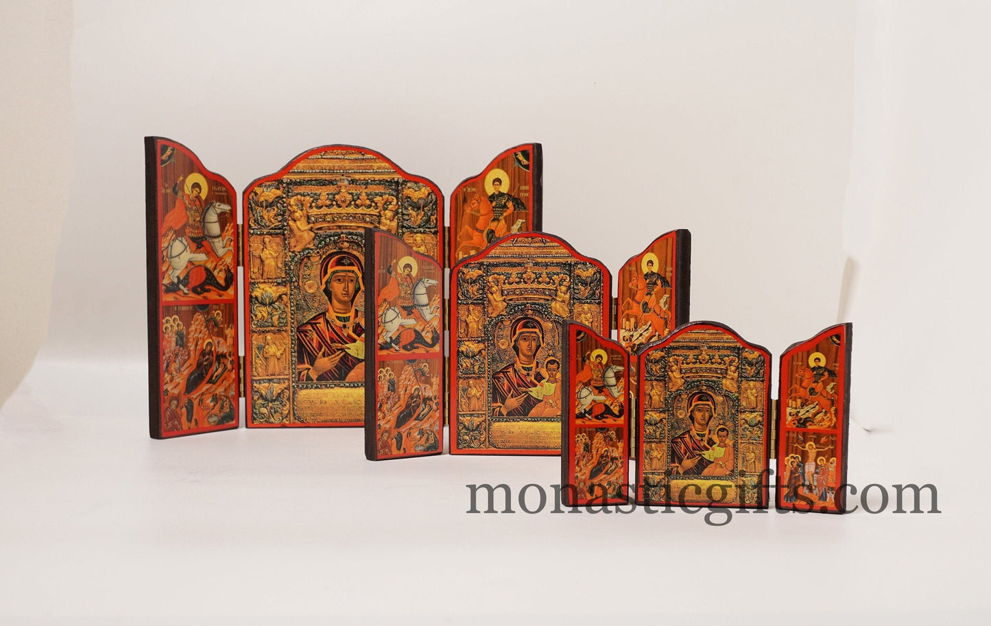 Triptych wooden Icon of Holy Theotokos (Soumela ) and with many themes of Byzantine icons , Greek Orthodox Icon