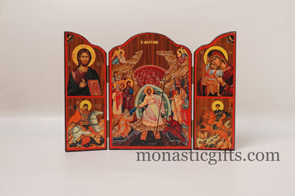 Triptych wooden Icon with Resurrection of Jesus Christ and with many themes of Byzantine icons , Greek Orthodox Icon