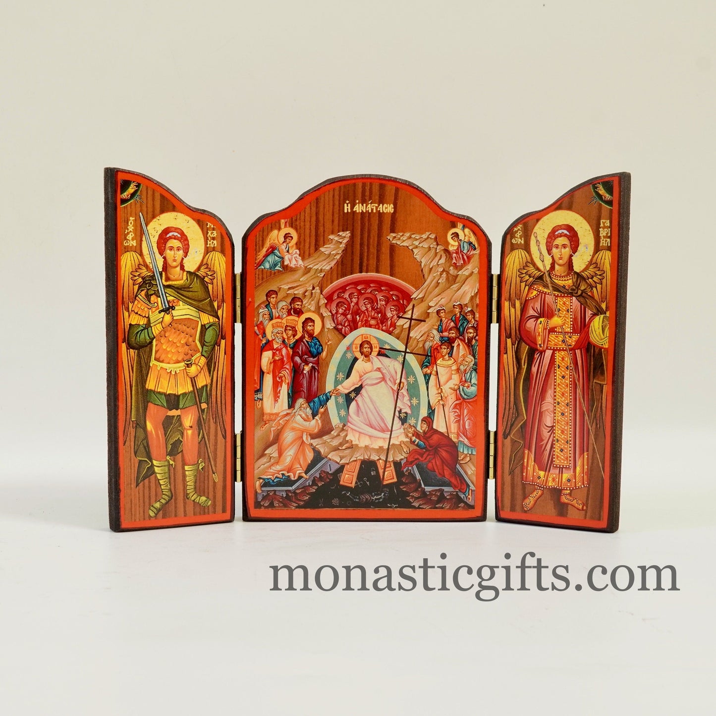 Triptych wooden Icon with Resurrection of Jesus Christ with Archangels and narrative of the Virgin Mary's Annunciation on the outside.