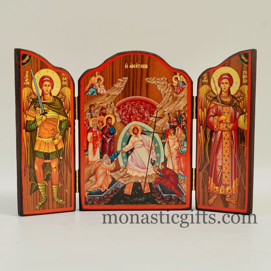 Triptych wooden Icon with Resurrection of Jesus Christ with Archangels and narrative of the Virgin Mary's Annunciation on the outside.