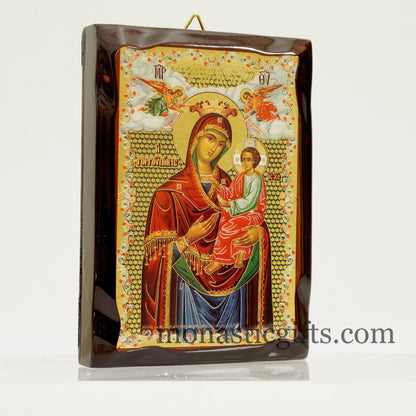 Virgin Mary Gorgoipikoos,Flat Icon with gilded silver,plated ornament with special varnish for long lasting shine.