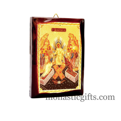 Icon with Resurrection of Jesus Christ ,Flat Icon with gilded silver,plated ornament with special varnish for long lasting shine.