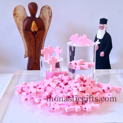 Wooden Tiny Cross (Pink) Charm  10pcs -  Orthodox , Catholic, Byzantine Christian  amazing idea to make orthodox Christians gifts