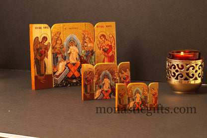 Triptych small  wooden Icon with the  Resurrection of Jesus Christ and Archangels, Greek Orthodox Icon , Home Decor,Orthodox Gift