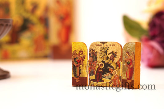 Triptych small  wooden Icon with the  Birth of Jesus Christ and Archangels, Greek Orthodox Icon , Home Decor,Orthodox Gift