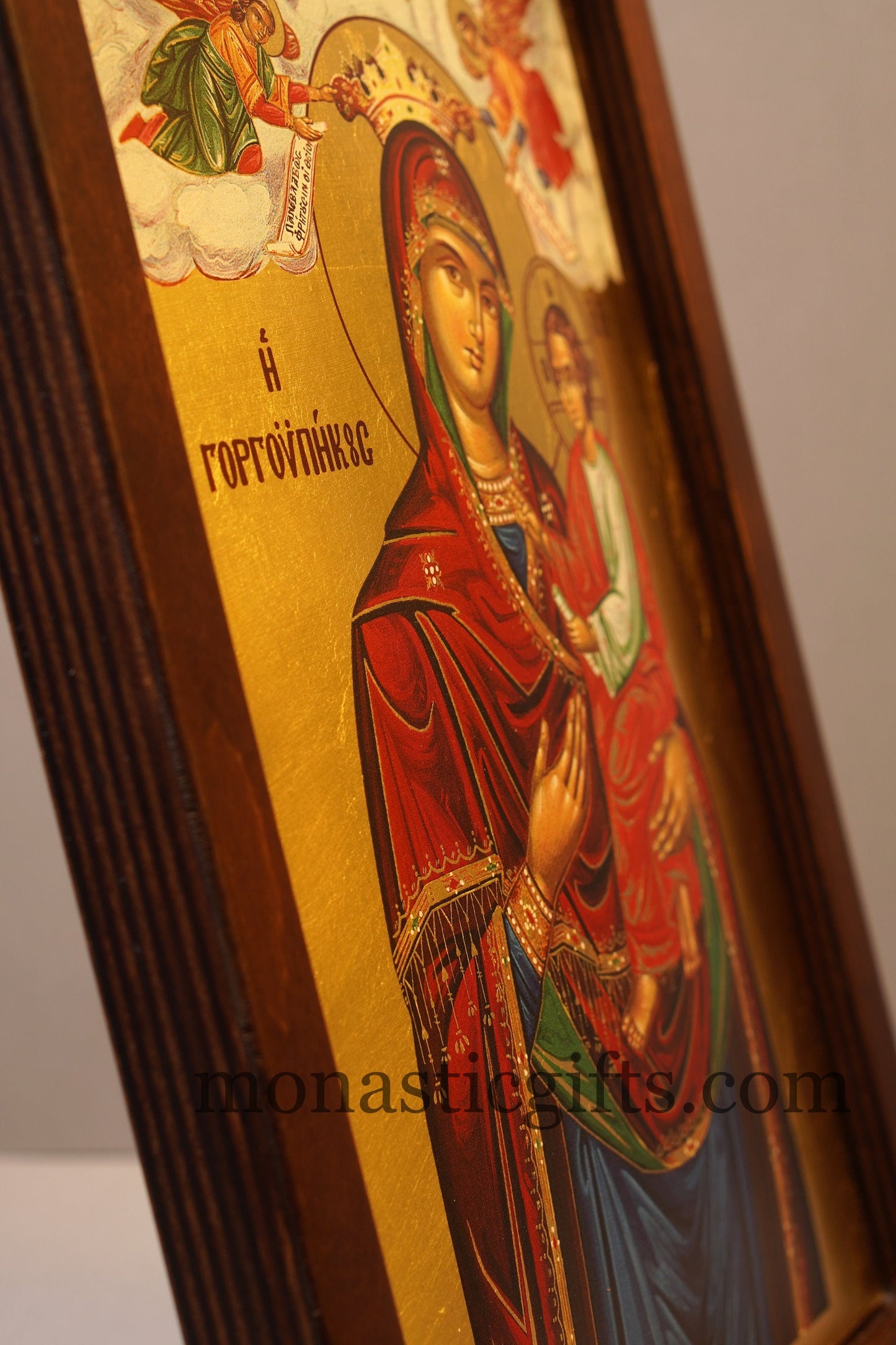 Our Lady Theotokos Gorgoipikoos , Silk Print Screen Serigraph Icon Based on Byzantine Art wall hanging icon on carved wood  with stand