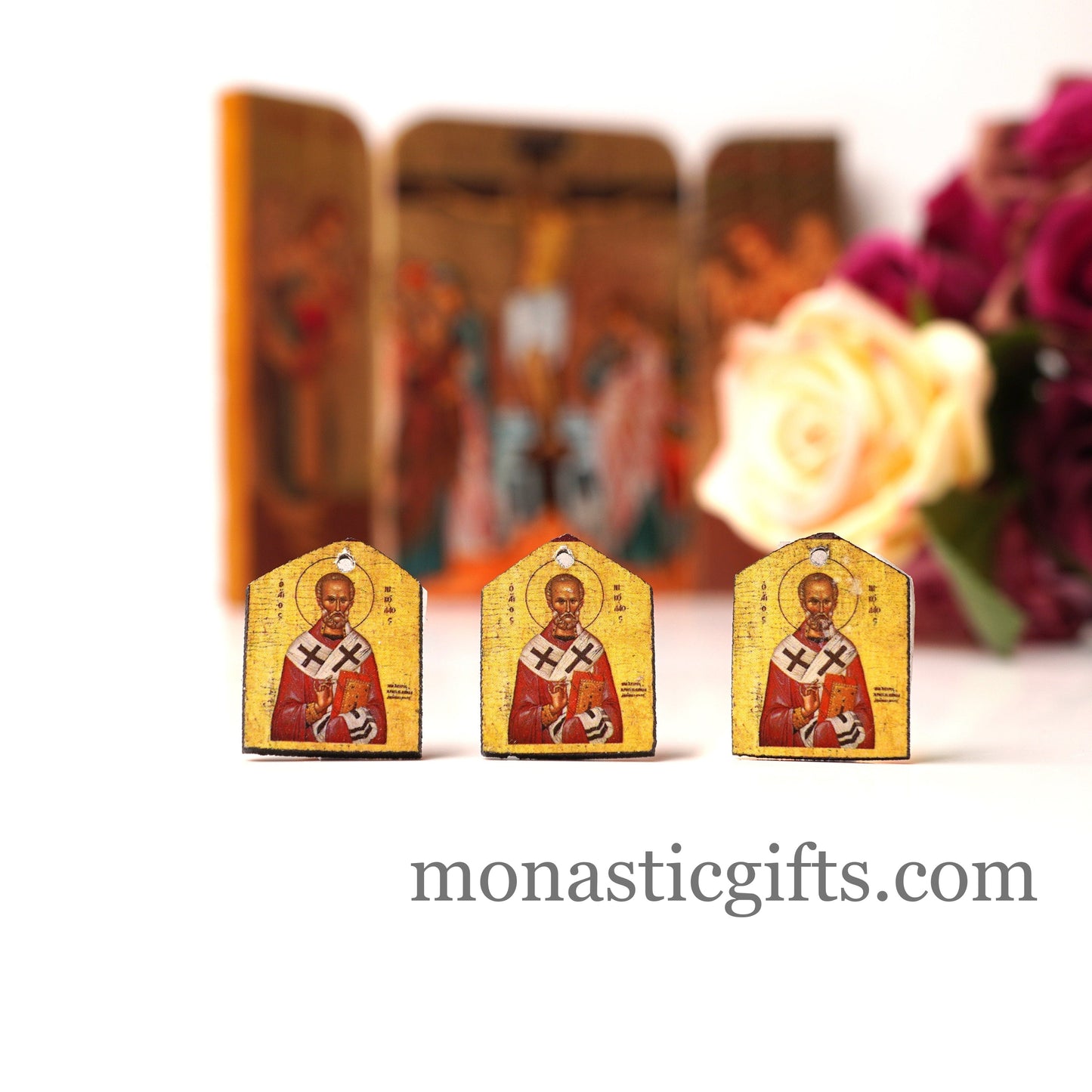 Tiny icon Saint Nicholas 3pcs - Wood  Byzantine Christian  Tiny Orthodox Icon amazing idea to make orthodox Christians gifts