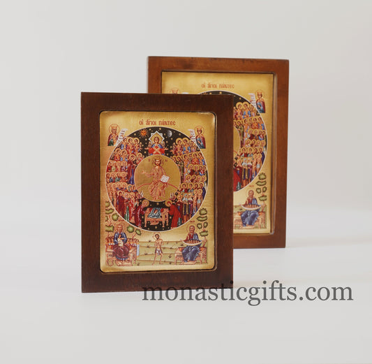 All Saints Day - Feast of All Saints, Silk Screen Serigraph Icon Based on Byzantine Art wall hanging icon on carved wood  with stand