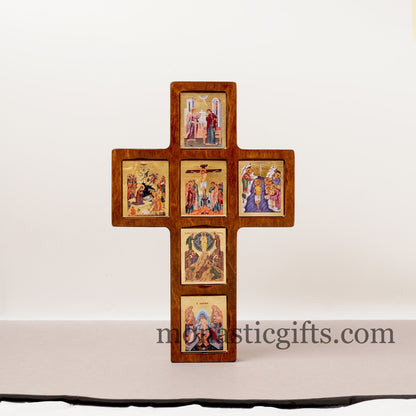 The Life of Jesus cross decorated with high quality iconographic silkscreens with hagiographic gold depicting, on Cross carved wood