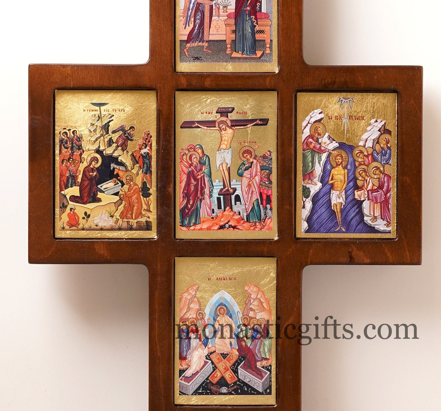 The Life of Jesus Big cross decorated with high quality iconographic silkscreens with hagiographic gold depicting, on Cross carved wood