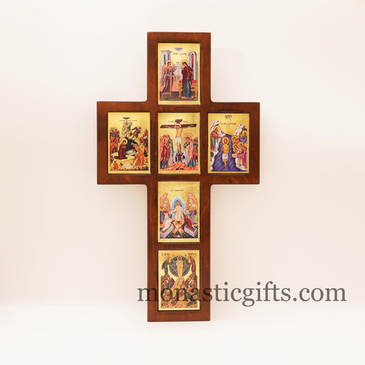 The Life of Jesus Big cross decorated with high quality iconographic silkscreens with hagiographic gold depicting, on Cross carved wood