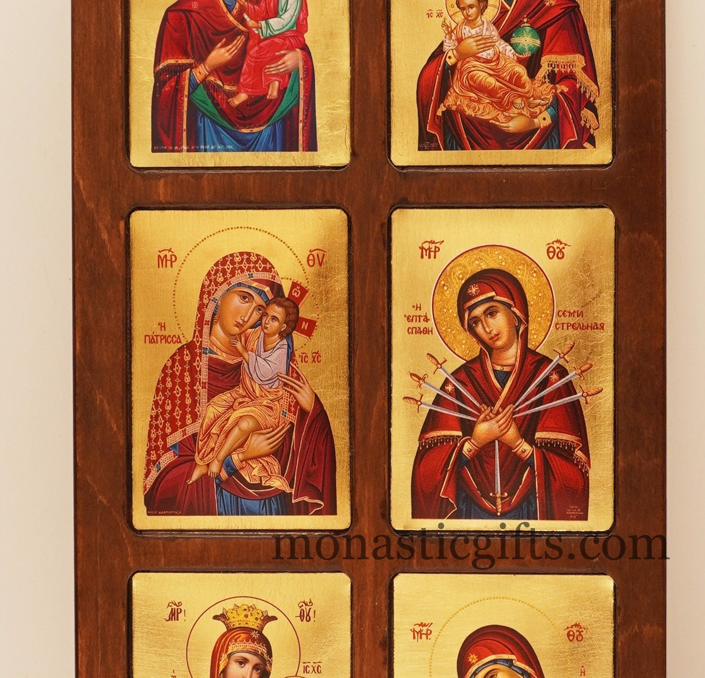 Virgin Mary, Theotokos in Wooden multi-thematic 6 seat icon decorated with high-quality iconographic silk screens with hagiographic gold.