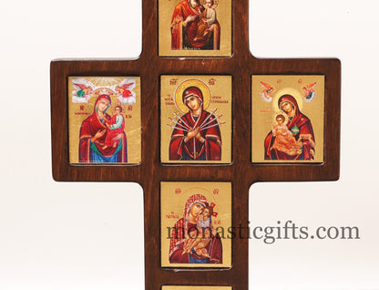 Virgin Mary,  in Cross Wooden multi-thematic 6 seat icon decorated with high-quality iconographic silk screens with hagiographic gold.