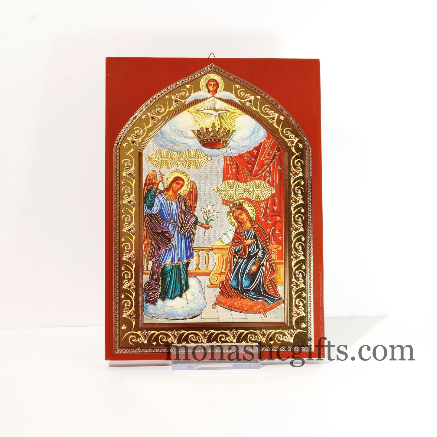 Virgin Mary Annunciation of Virgin Mary in Tinos ,Flat Icon with gilded silver,plated ornament with special varnish for long lasting shine.