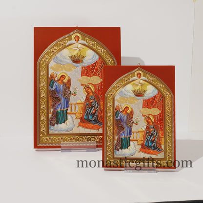 Virgin Mary Annunciation of Virgin Mary in Tinos ,Flat Icon with gilded silver,plated ornament with special varnish for long lasting shine.