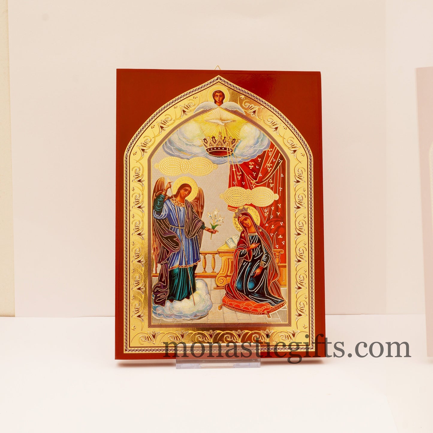 Virgin Mary Annunciation of Virgin Mary in Tinos ,Flat Icon with gilded silver,plated ornament with special varnish for long lasting shine.