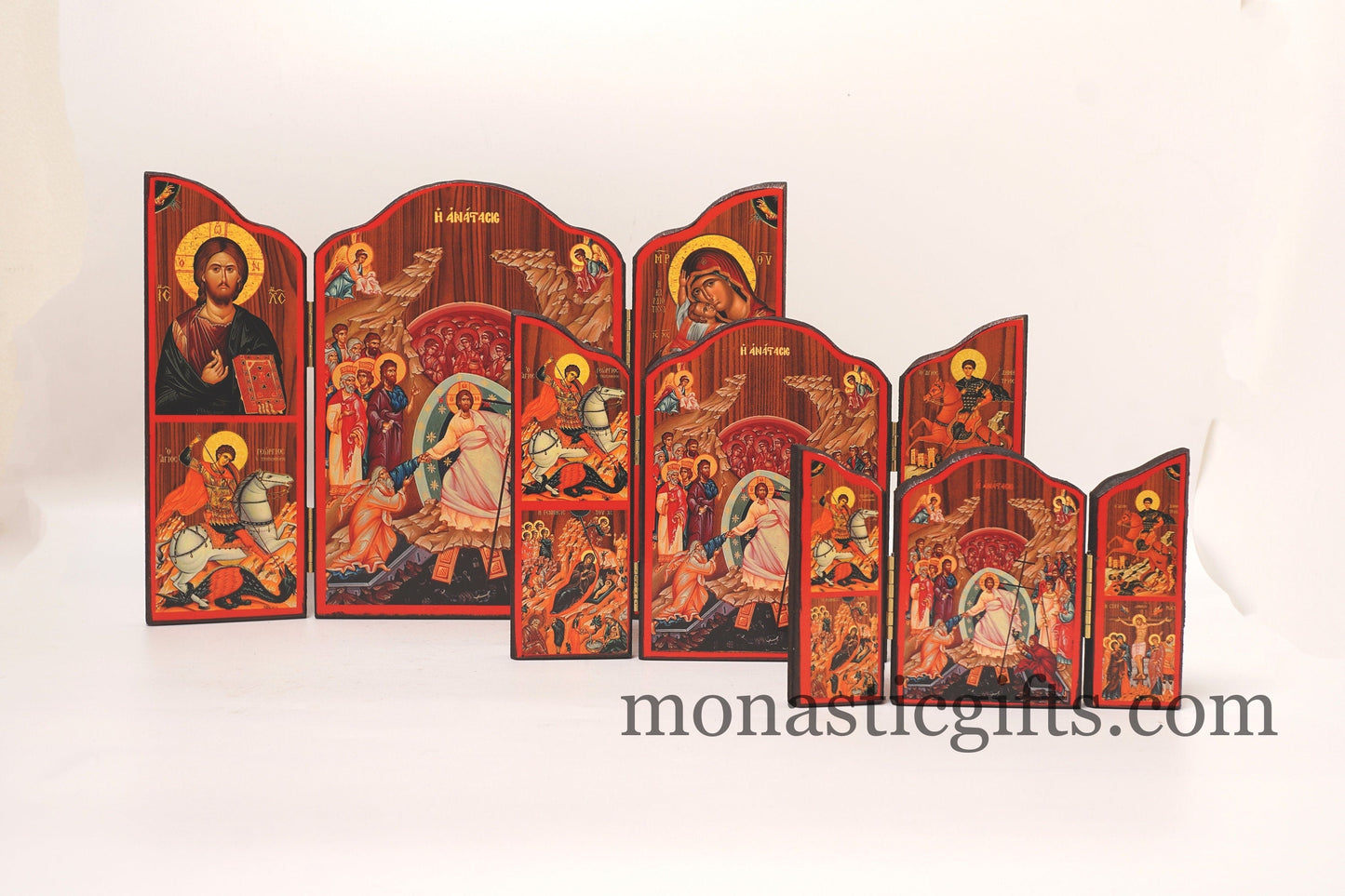 Triptych wooden Icon with Resurrection of Jesus Christ and with many themes of Byzantine icons , Greek Orthodox Icon