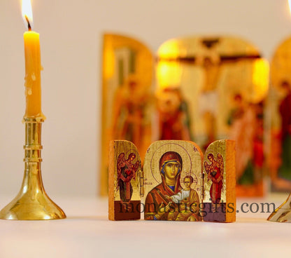 Triptych small  wooden Icon with  the Holy Theotokos Soumela and Archangels, Greek Orthodox Icon , Home Decor,Orthodox Gift