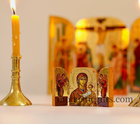 Triptych small  wooden Icon with  the Holy Theotokos Soumela and Archangels, Greek Orthodox Icon , Home Decor,Orthodox Gift