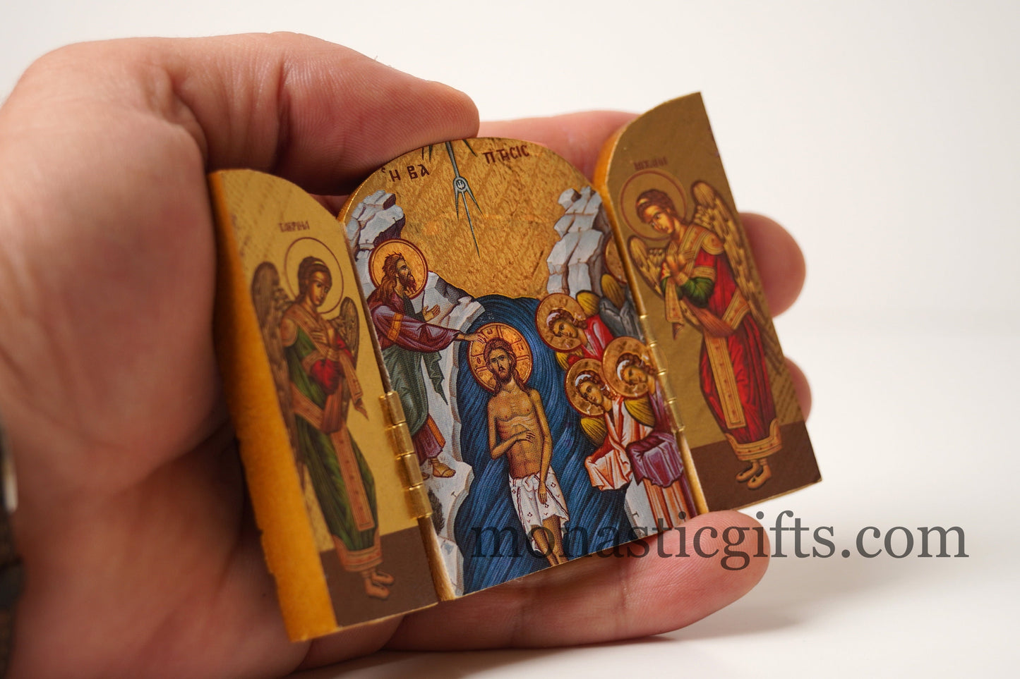 Small  Triptych wooden Icon with Baptism of Jesus Christ by St John the Baptist and and the Holy Theotokos , Greek Orthodox Icon.