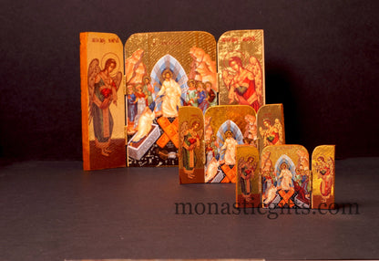 Triptych small  wooden Icon with the  Resurrection of Jesus Christ and Archangels, Greek Orthodox Icon , Home Decor,Orthodox Gift