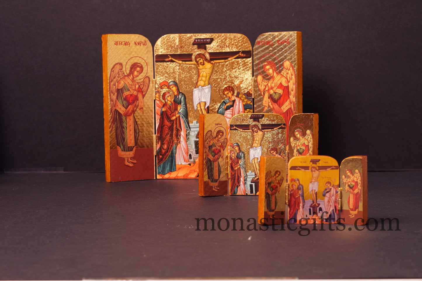 Triptych small  wooden Icon with the  crucifixion of Jesus Christ and Archangels, Greek Orthodox Icon , Home Decor,Orthodox Gift