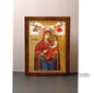 Our Lady Theotokos Gorgoipikoos , Silk Print Screen Serigraph Icon Based on Byzantine Art wall hanging icon on carved wood  with stand