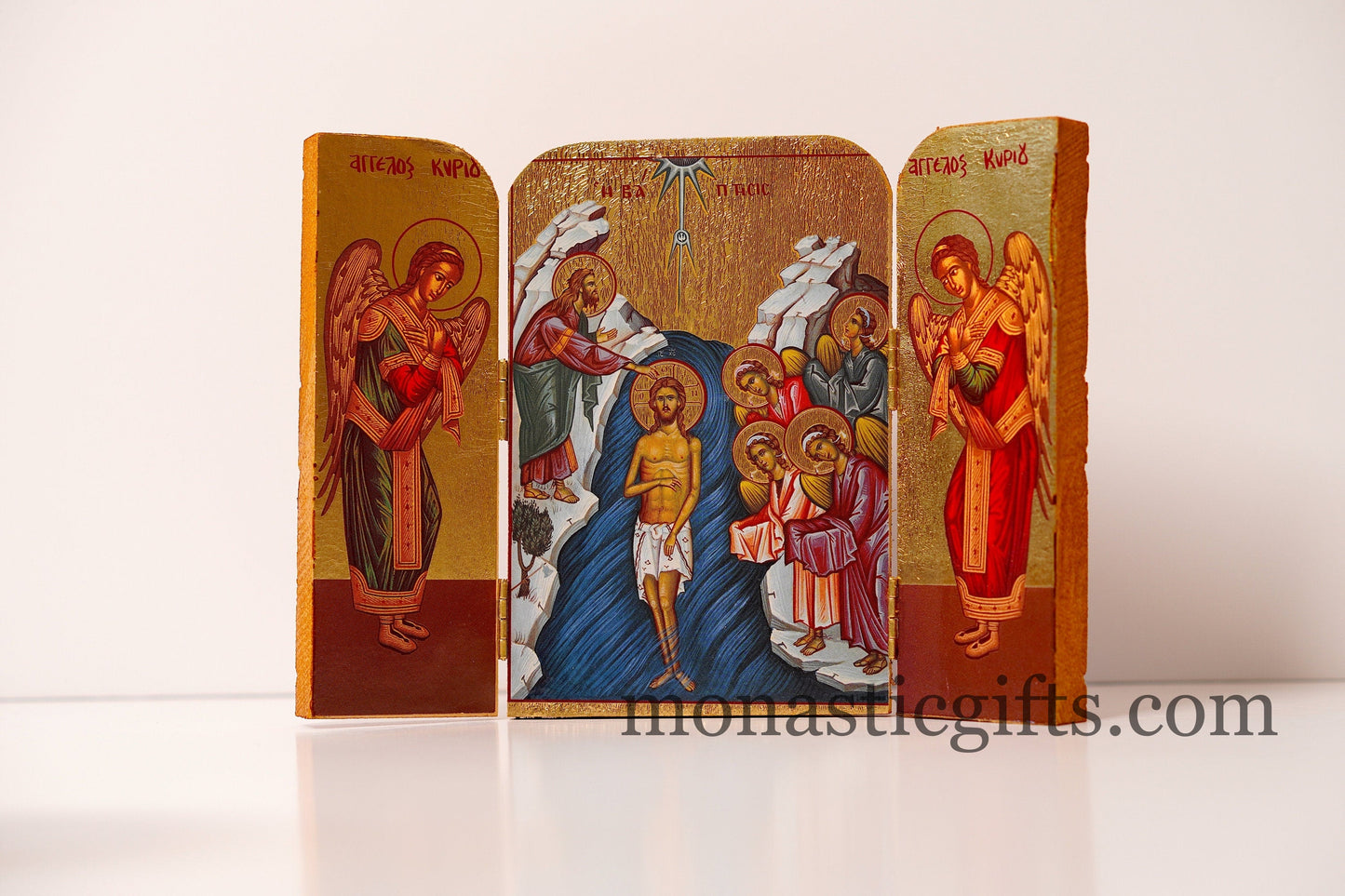 Triptych wooden Icon with Baptism of Jesus Christ by St John the Baptistand and the Holy Theotokos , Greek Orthodox Icon , Gift