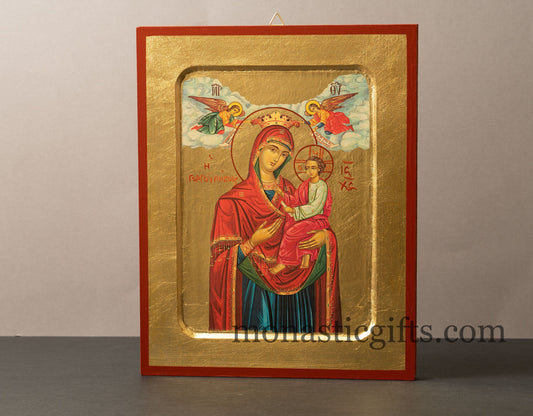 Virgin Mary Gorgoipikoos , Icon in GOLD leaf Based on Byzantine Art wall hanging icon on carved wood