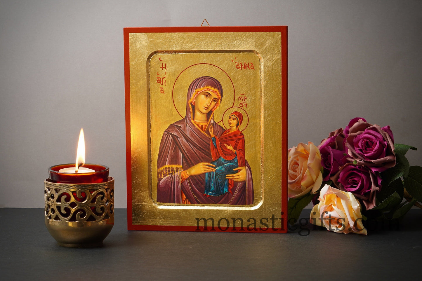 Saint Anna with Virgin Mary, Greek Orthodox icon of our Lord , art wall hanging on wood plaque amazing idea for orthodox gift.