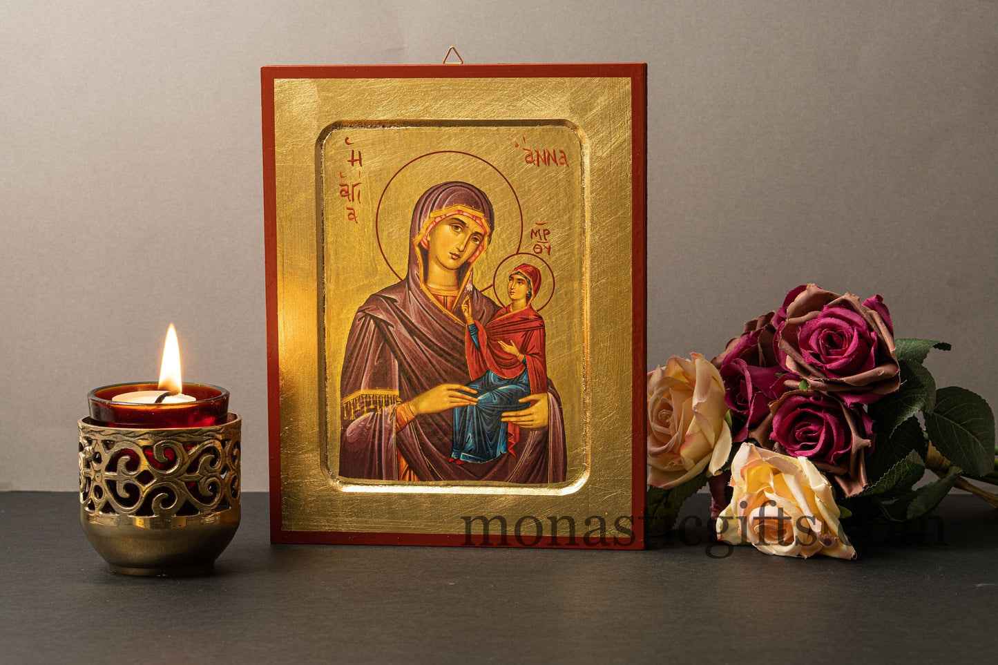 Saint Anna with Virgin Mary, Greek Orthodox icon of our Lord , art wall hanging on wood plaque amazing idea for orthodox gift.