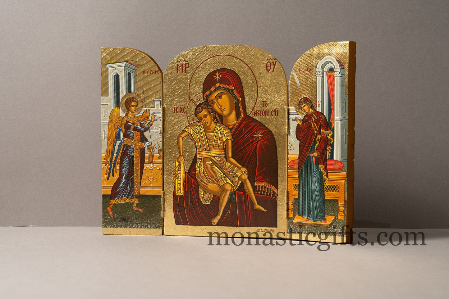 Triptych wooden Icon with Virgin Mary(Aksion Esti - Αξιον Εστι) and the Annunciation of the Virgin Mary  , Greek Orthodox Icon.