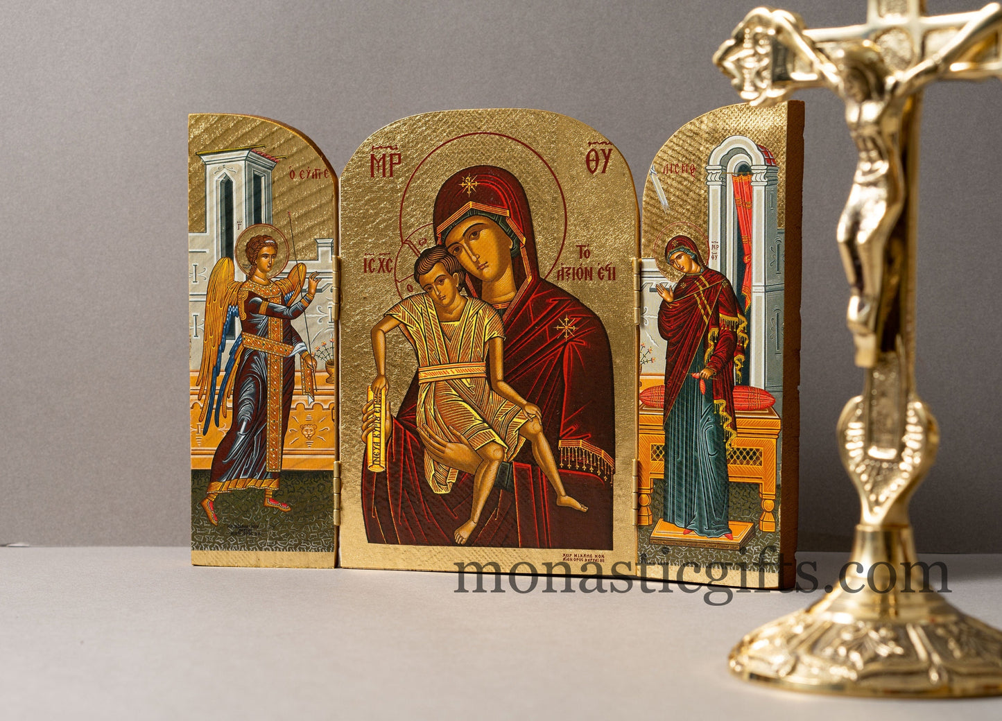 Triptych wooden Icon with Virgin Mary(Aksion Esti - Αξιον Εστι) and the Annunciation of the Virgin Mary  , Greek Orthodox Icon.