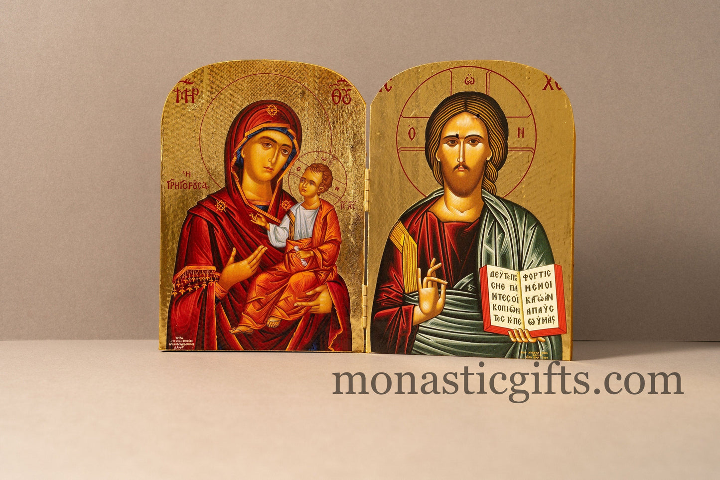 Diptych wooden Icon with the Jesus Christ  the Holy Theotokos , Greek Orthodox Icon , Home Decor,Orthodox Gift