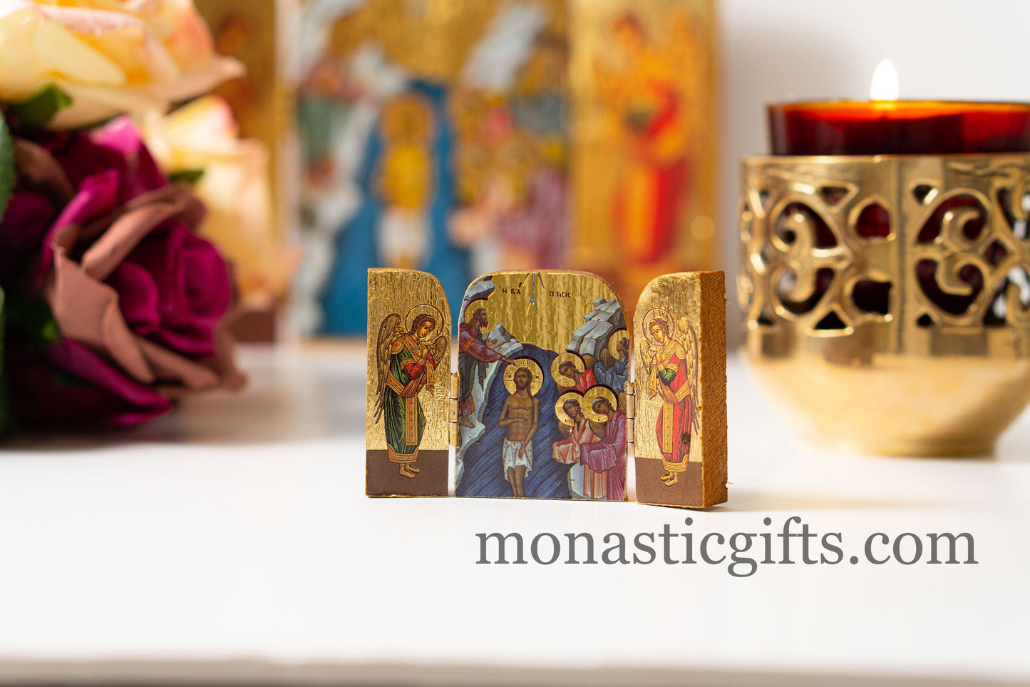 Small  Triptych wooden Icon with Baptism of Jesus Christ by St John the Baptist and and the Holy Theotokos , Greek Orthodox Icon.